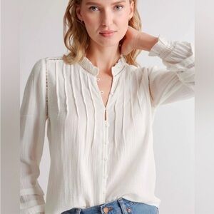 Quince Organic Cotton Textured Peasant Blouse Top in White XS